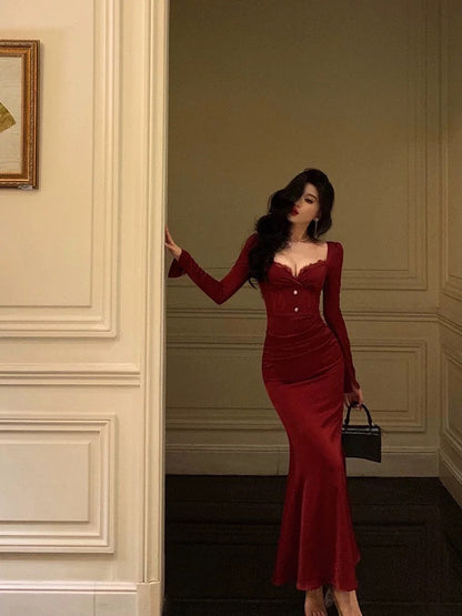 Classy Sheath Sweetheart Red Ruffles Velvet Prom Dresses Birthday Outfits Evening Gown