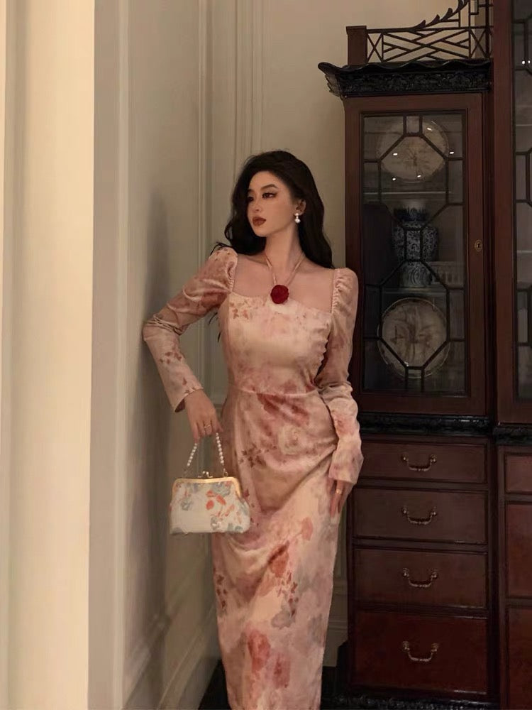 Sexy A Line Square Neckline Long Sleeves Pink Floral Prom Dresses Birthday Outfits Evening Gown