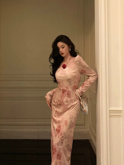 Sexy A Line Square Neckline Long Sleeves Pink Floral Prom Dresses Birthday Outfits Evening Gown