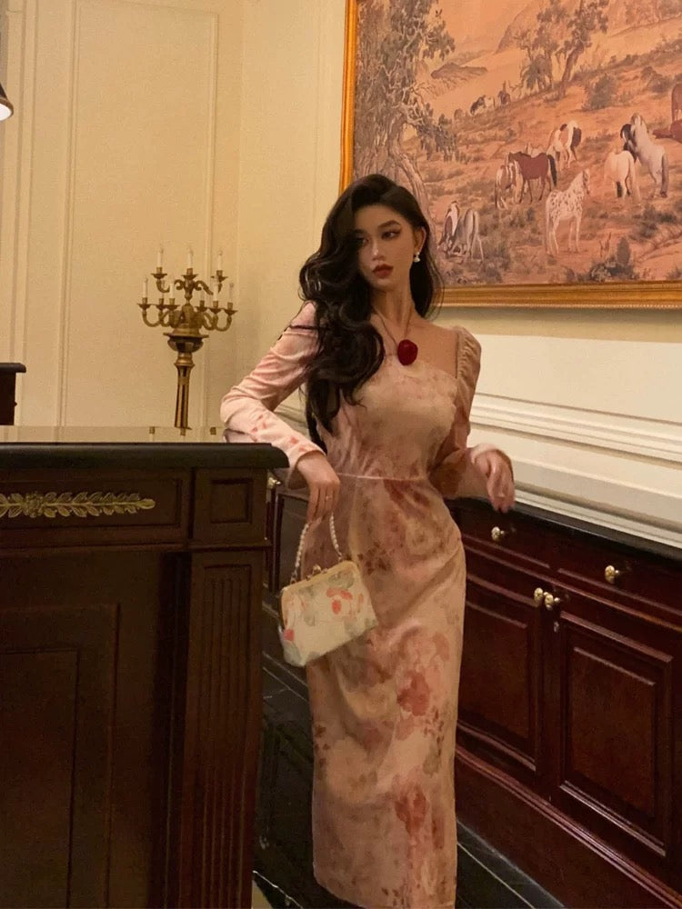 Sexy A Line Square Neckline Long Sleeves Pink Floral Prom Dresses Birthday Outfits Evening Gown