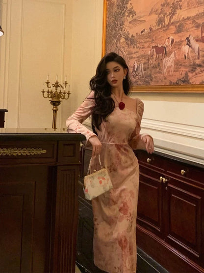 Sexy A Line Square Neckline Long Sleeves Pink Floral Prom Dresses Birthday Outfits Evening Gown