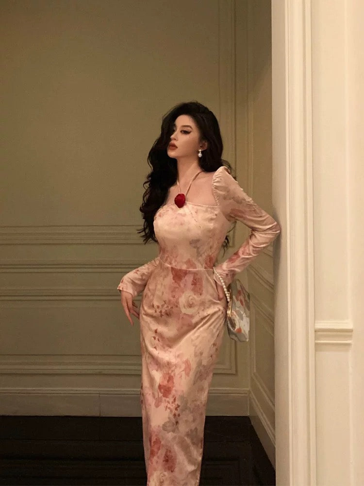 Sexy A Line Square Neckline Long Sleeves Pink Floral Prom Dresses Birthday Outfits Evening Gown