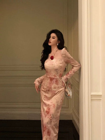 Sexy A Line Square Neckline Long Sleeves Pink Floral Prom Dresses Birthday Outfits Evening Gown