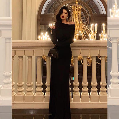 Sexy Sheath Long Sleeves Black Prom Dresses Birthday Outfits Evening Gown