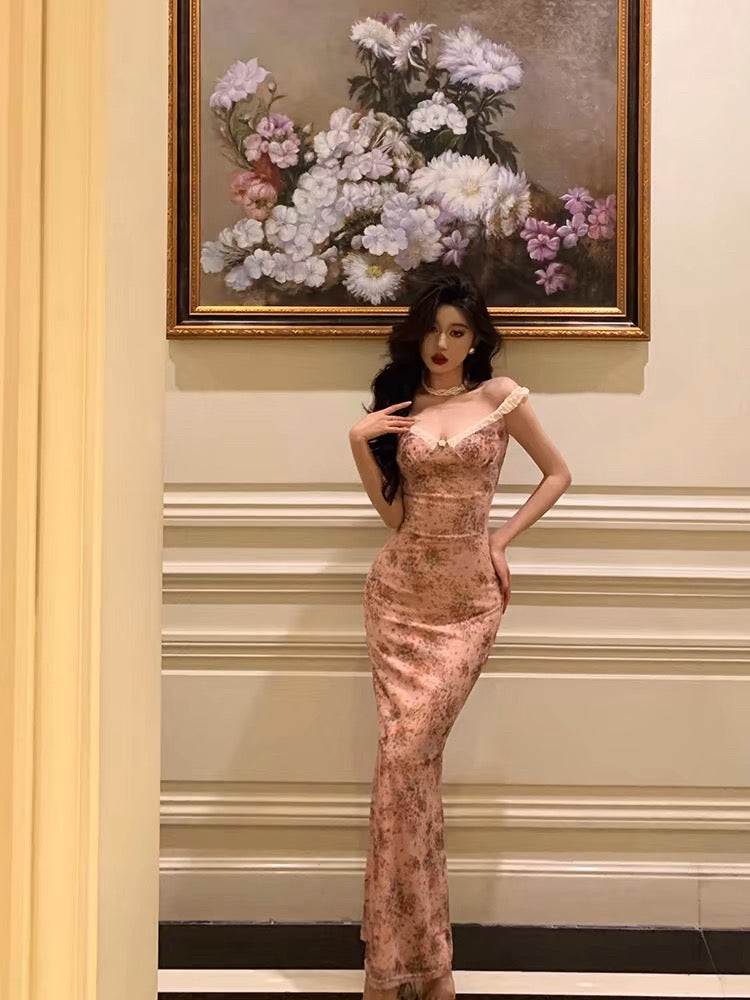 Sexy Sheath Straps Pink Floral Prom Dresses Long Birthday Outfits Evening Gown