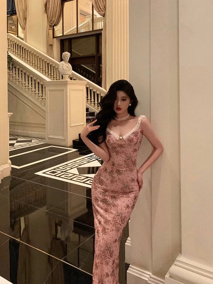 Sexy Sheath Straps Pink Floral Prom Dresses Long Birthday Outfits Evening Gown