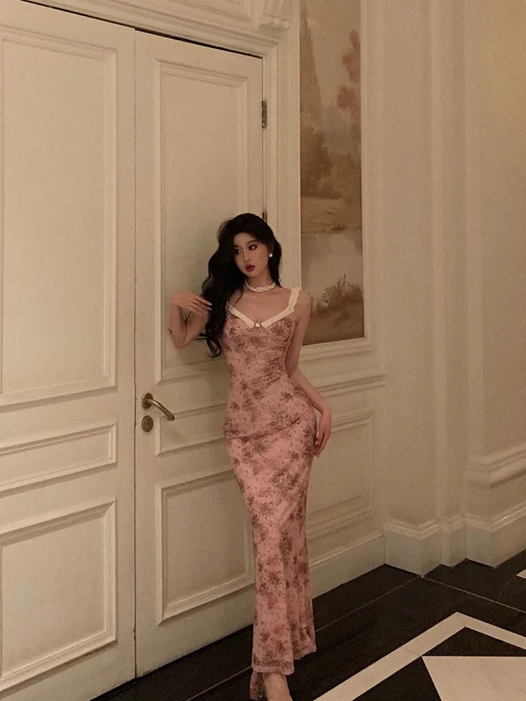 Sexy Sheath Straps Pink Floral Prom Dresses Long Birthday Outfits Evening Gown