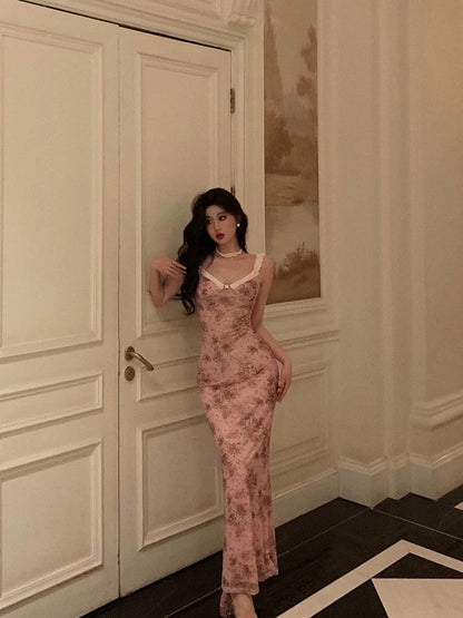 Sexy Sheath Straps Pink Floral Prom Dresses Long Birthday Outfits Evening Gown