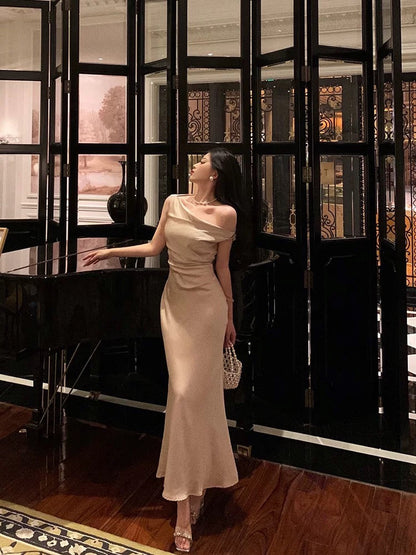 Sexy Mermaid One Shoulder Satin Champagne Prom Dresses Long Birthday Outfits Evening Gown