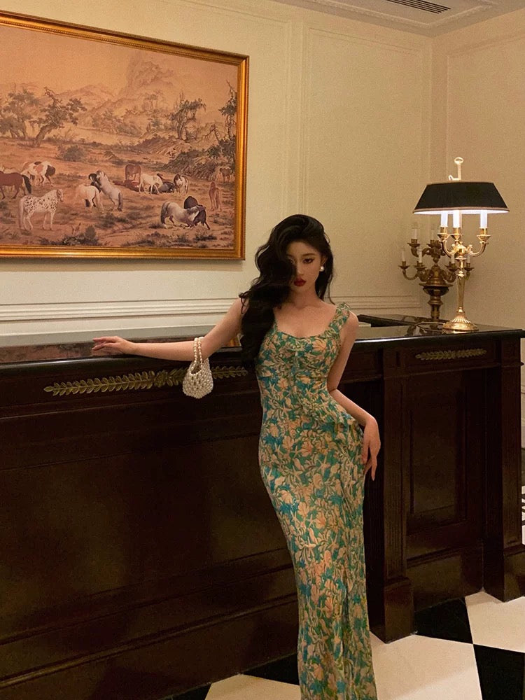 Sexy Mermaid Straps Floral Green Chiffon Prom Dresses Birthday Outfits Evening Gown