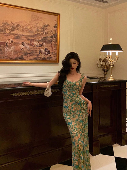 Sexy Mermaid Straps Floral Green Chiffon Prom Dresses Birthday Outfits Evening Gown