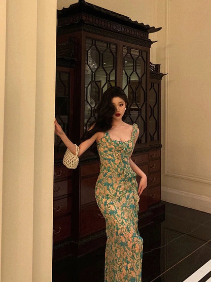 Sexy Mermaid Straps Floral Green Chiffon Prom Dresses Birthday Outfits Evening Gown