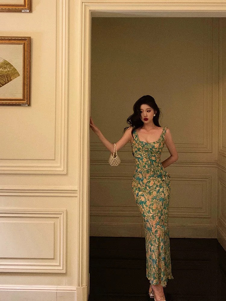 Sexy Mermaid Straps Floral Green Chiffon Prom Dresses Birthday Outfits Evening Gown
