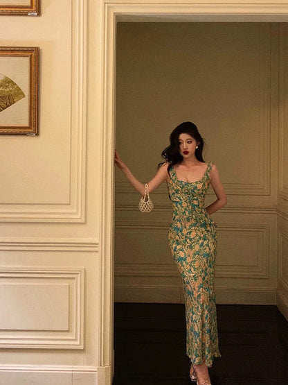 Sexy Mermaid Straps Floral Green Chiffon Prom Dresses Birthday Outfits Evening Gown