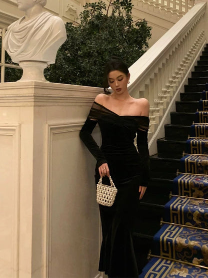 Elegant Mermaid Off The Shoulder Long Sleeves Black Prom Dresses Birthday Outfits Evening Gown