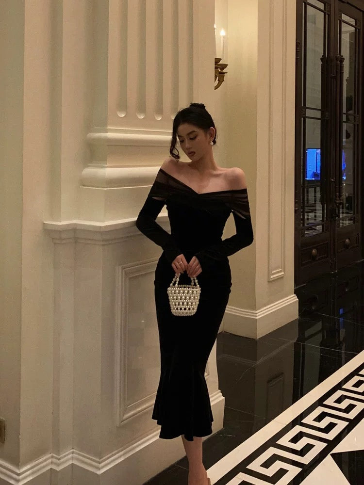 Elegant Mermaid Off The Shoulder Long Sleeves Black Prom Dresses Birthday Outfits Evening Gown