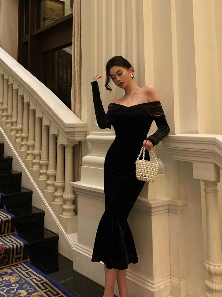 Elegant Mermaid Off The Shoulder Long Sleeves Black Prom Dresses Birthday Outfits Evening Gown