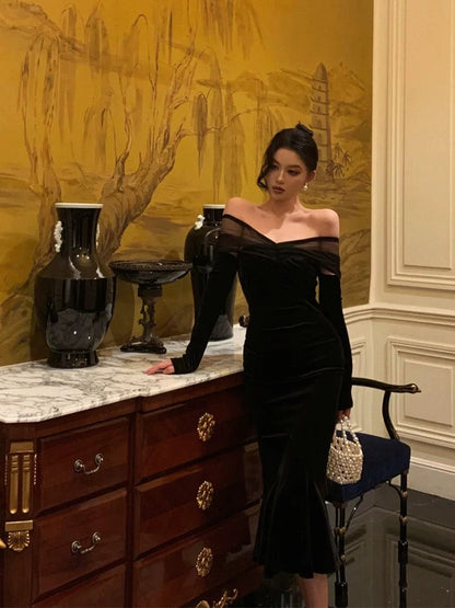 Elegant Mermaid Off The Shoulder Long Sleeves Black Prom Dresses Birthday Outfits Evening Gown