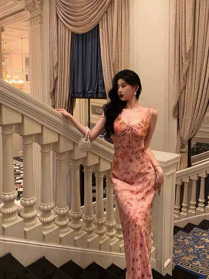 Sexy Sheath Straps Pink Floral Chiffon Ruffles Prom Dresses Birthday Outfits Evening Gown