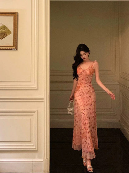 Sexy Sheath Straps Pink Floral Chiffon Ruffles Prom Dresses Birthday Outfits Evening Gown