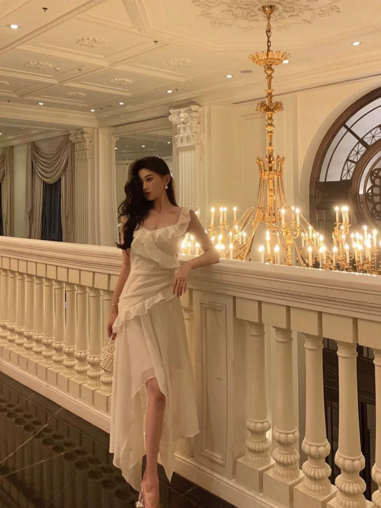 Sexy High Low Spaghetti Straps White Chiffon Ruffles Prom Dresses Birthday Outfits Evening Gown