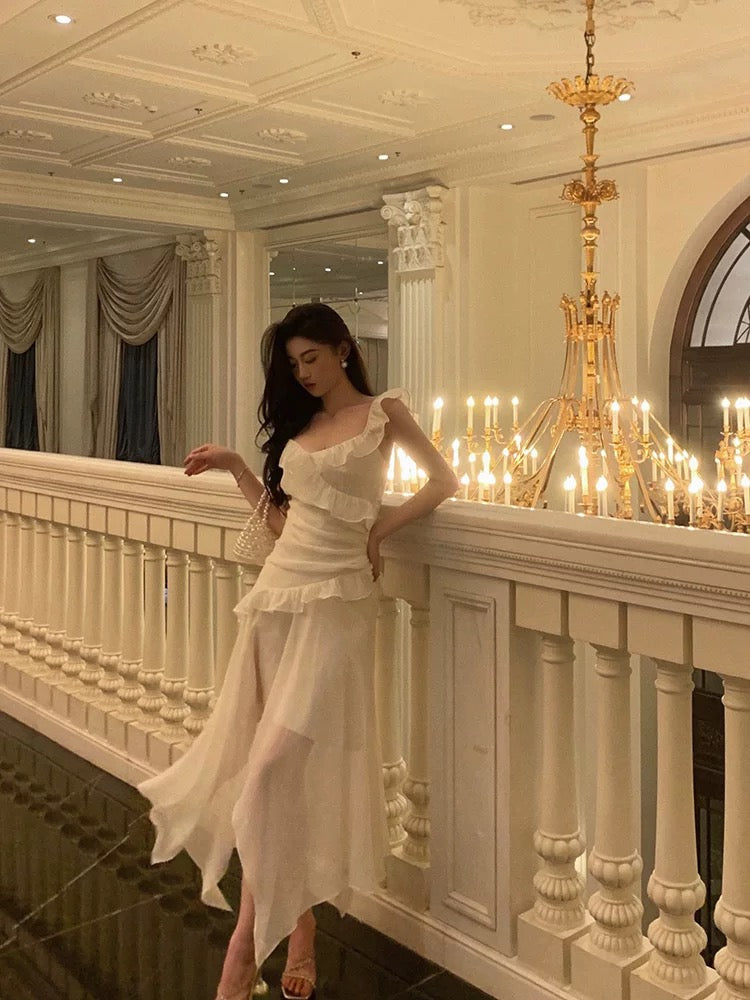 Sexy High Low Spaghetti Straps White Chiffon Ruffles Prom Dresses Birthday Outfits Evening Gown