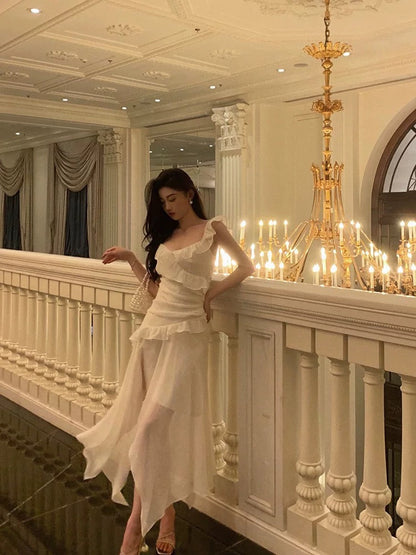 Sexy High Low Spaghetti Straps White Chiffon Ruffles Prom Dresses Birthday Outfits Evening Gown