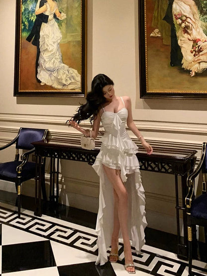 Sexy High Low Spaghetti Straps White Chiffon Ruffles Prom Dresses Birthday Outfits Evening Gown