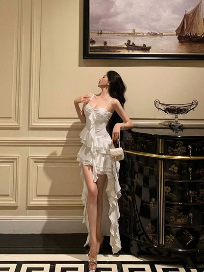 Sexy High Low Spaghetti Straps White Chiffon Ruffles Prom Dresses Birthday Outfits Evening Gown