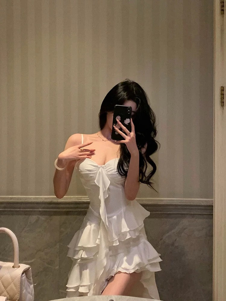 Sexy High Low Spaghetti Straps White Chiffon Ruffles Prom Dresses Birthday Outfits Evening Gown
