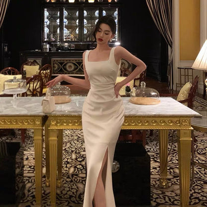 Sexy Sheath Straps White Slit Prom Dresses Birthday Outfits Evening Gown Party Dress
