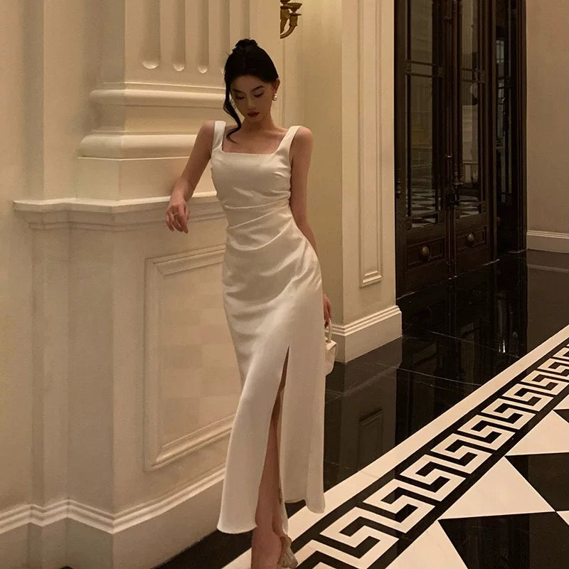 Sexy Sheath Straps White Slit Prom Dresses Birthday Outfits Evening Gown Party Dress