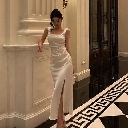 Sexy Sheath Straps White Slit Prom Dresses Birthday Outfits Evening Gown Party Dress
