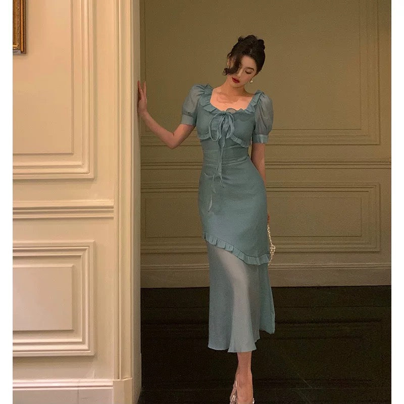Elegant Mermaid Square Neckline Short Sleeves Blue Chiffon Prom Dresses Birthday Outfits Evening Gown