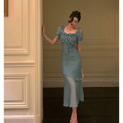 Elegant Mermaid Square Neckline Short Sleeves Blue Chiffon Prom Dresses Birthday Outfits Evening Gown