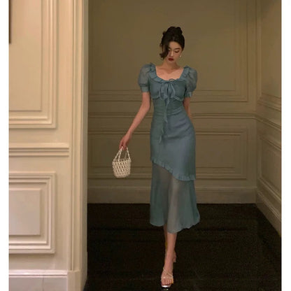 Elegant Mermaid Square Neckline Short Sleeves Blue Chiffon Prom Dresses Birthday Outfits Evening Gown
