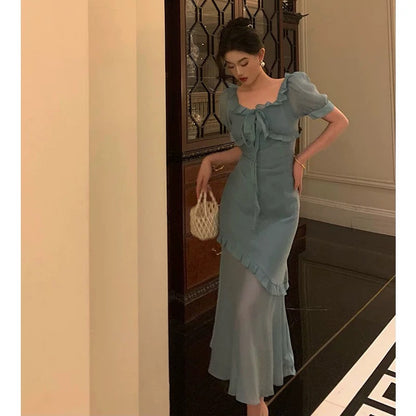 Elegant Mermaid Square Neckline Short Sleeves Blue Chiffon Prom Dresses Birthday Outfits Evening Gown