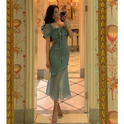 Elegant Mermaid Square Neckline Short Sleeves Blue Chiffon Prom Dresses Birthday Outfits Evening Gown