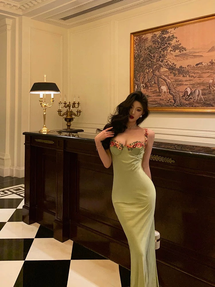 Classy Sheath Spaghetti Straps Green Long Prom Dresses Birthday Outfits Evening Gown