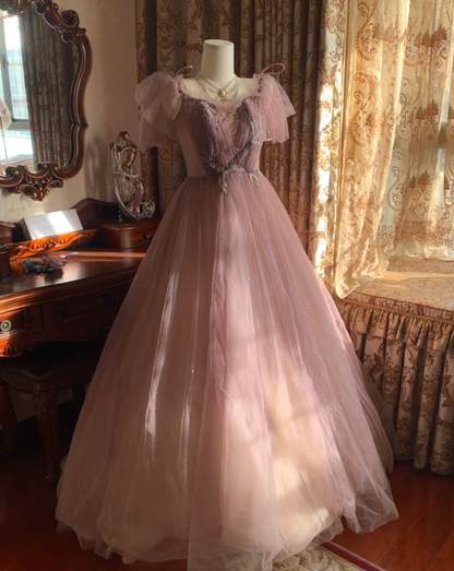 Sweet Tulle Sequin Beaded Ball Gown Pink Long Evening Dress Birthday Party Dress
