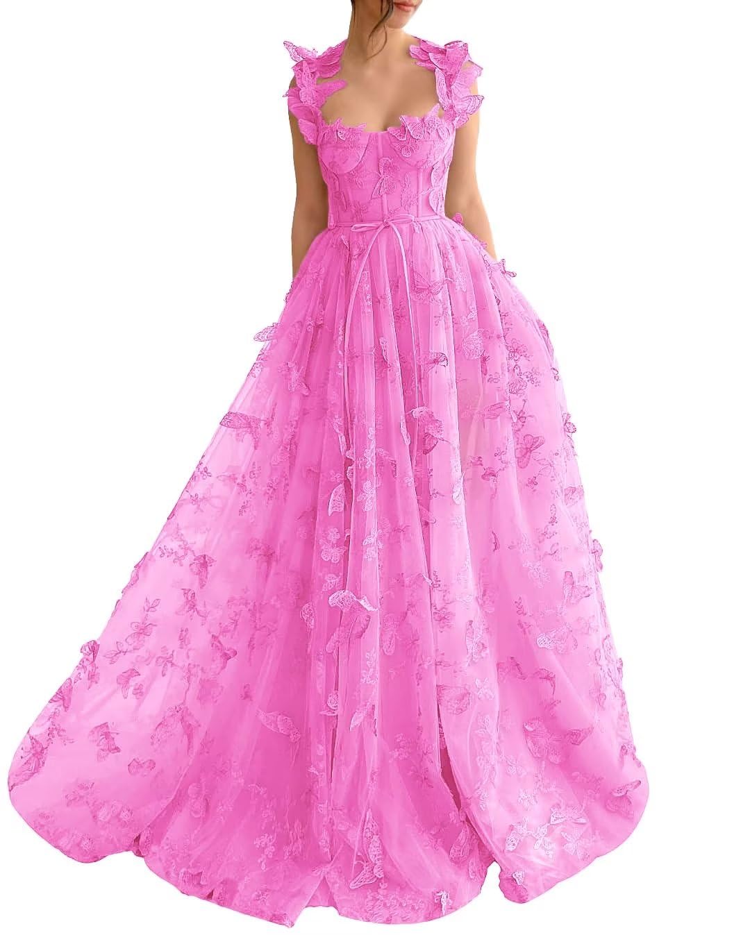 Long Tulle Prom Dress with 3D Butterflies Sexy Slit Ball Gown Evening Dresses Party Wedding Formal