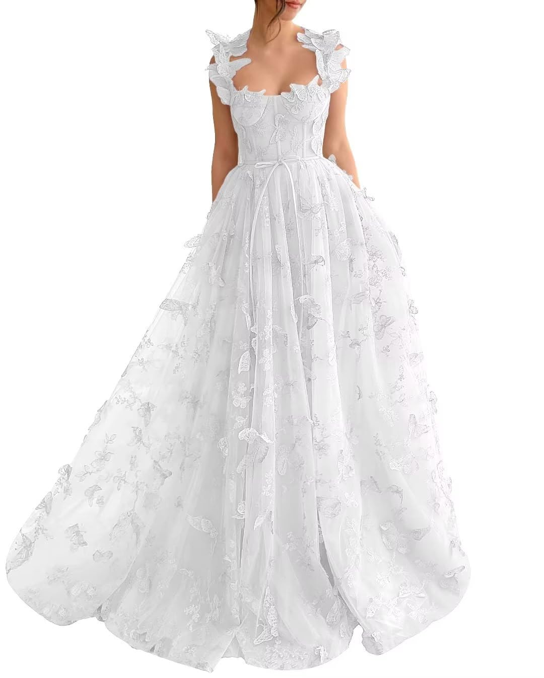 Long Tulle Prom Dress with 3D Butterflies Sexy Slit Ball Gown Evening Dresses Party Wedding Formal