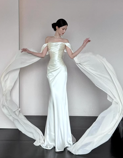 Glamorous Off The Shoulder Satin Chiffon Mermaid Long Evening Dress White Birthday Prom Dress SP2021