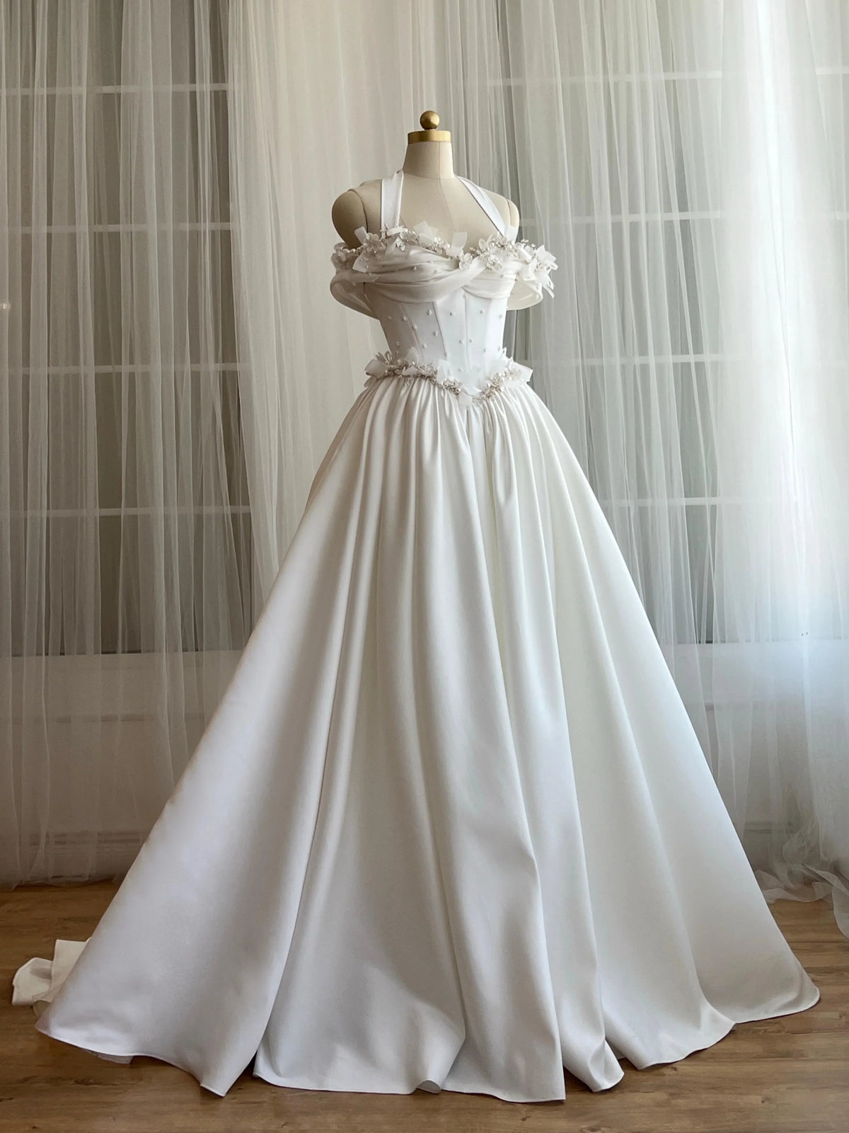 Elegant Ivory Halter Off-the-Shoulder Satin 3D Floral Beaded Corset Long Train A-Line Wedding Dress TP5906