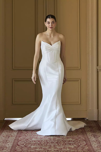 V collar off shoulder sleeveless backless mermaid and floor length wedding dress