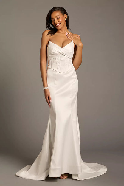 V collar off shoulder sleeveless backless mermaid and floor length wedding dress
