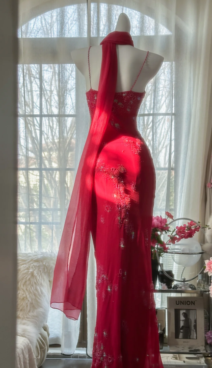 Pretty Red Spaghetti Straps Chiffon Beaded Mermaid Evening Dress Long Birthday Party Dress Prom Gown