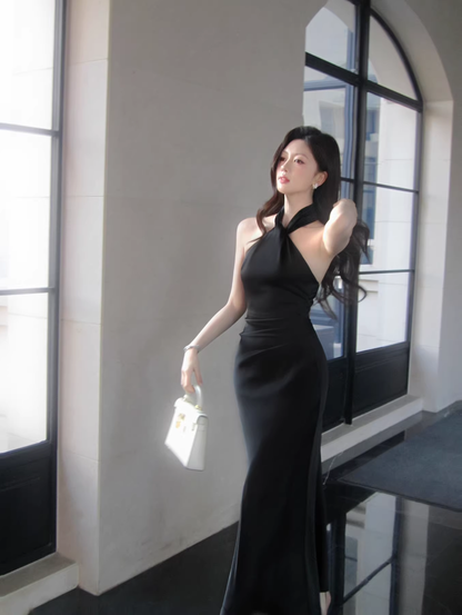 Sexy Black Halter Satin Mermaid Long Evening Dress Birthday Prom Dress SP1643