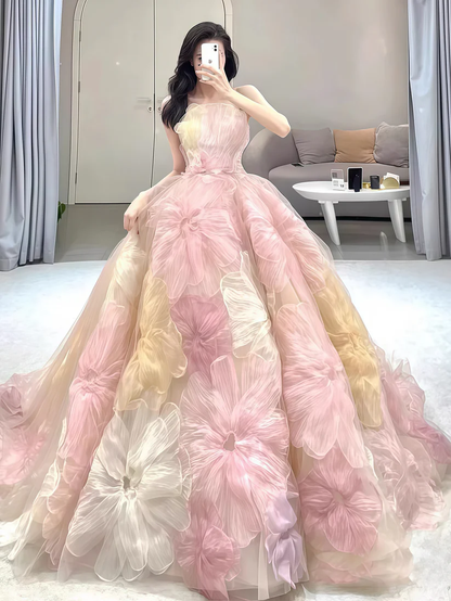Gorgeous Strapless Tulle Flowers A Line Ball Gown Fairy Wedding Dress cc2725