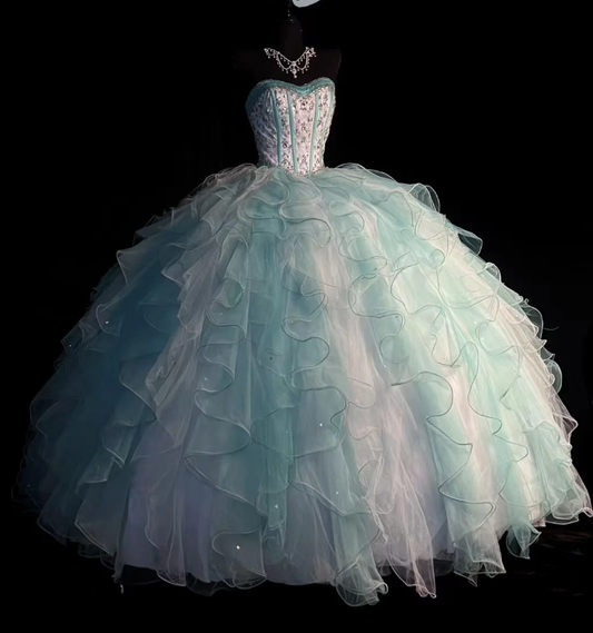 Chic Strapless Tulle Layered Ruffle Beaded Ball Gown Sweet 16 Dress Formal Birthday Quinceanera Dress